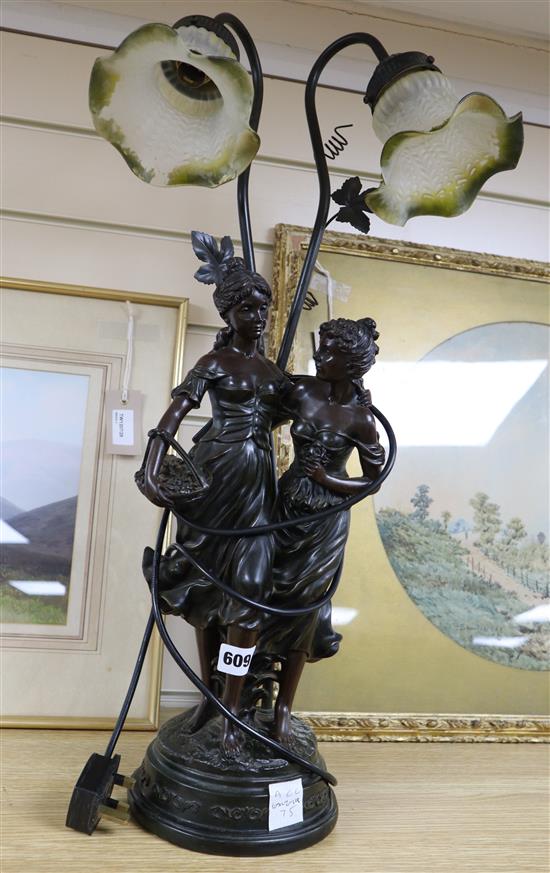 A bronze flower girls lamp, height 66cm